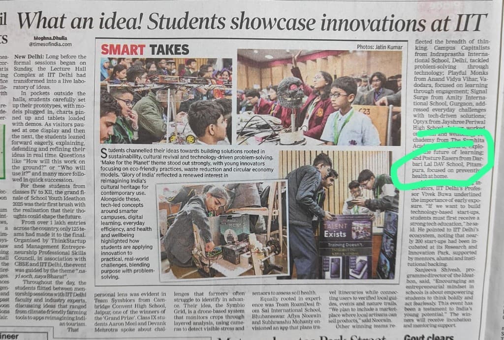 PostureEase featured in The Times of India - All India Rank 2 at Youth Ideathon 2025